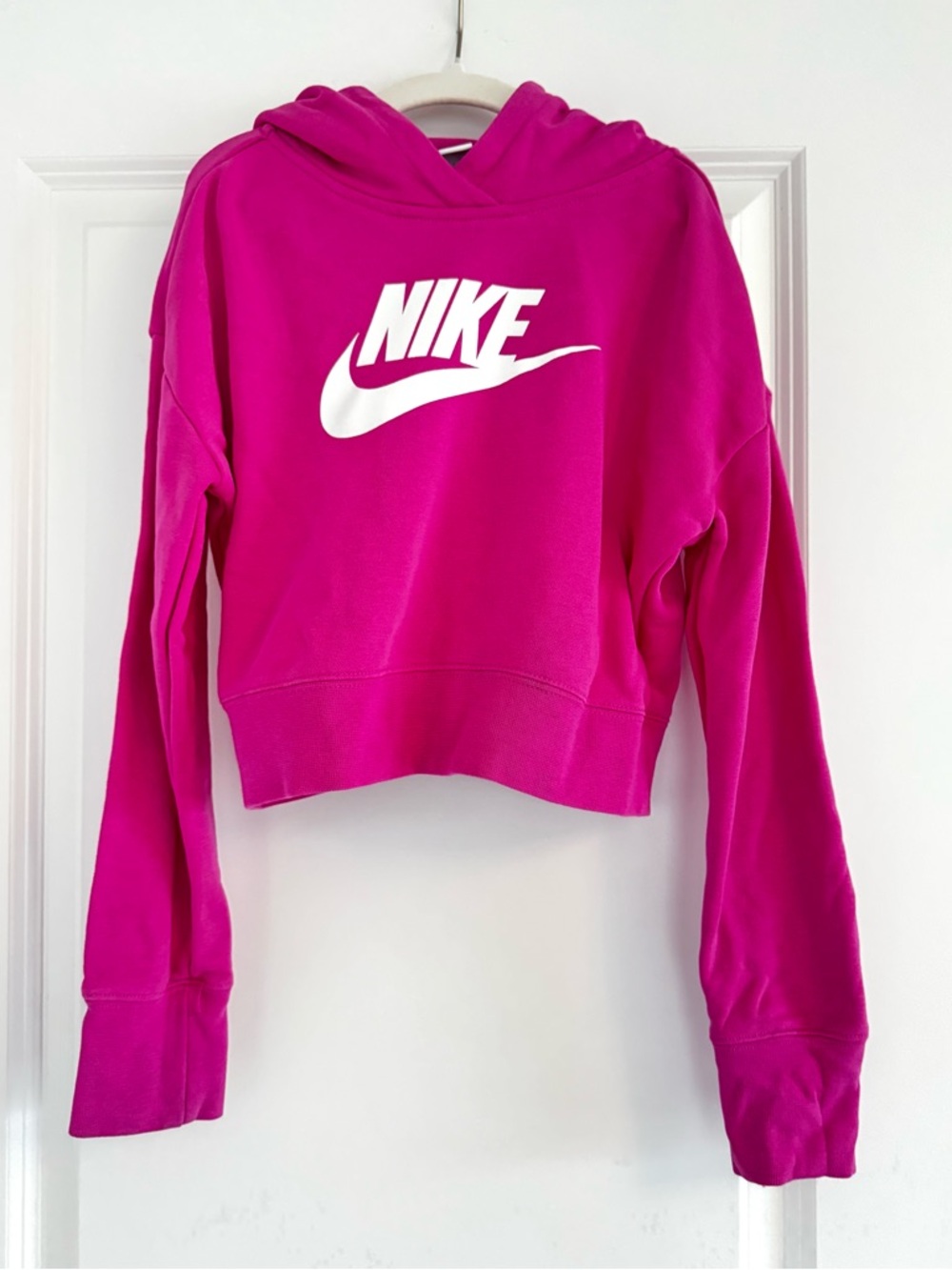 Nike Girl’s Hot Pink Cropped Hoodie with White Logo, Size Medium